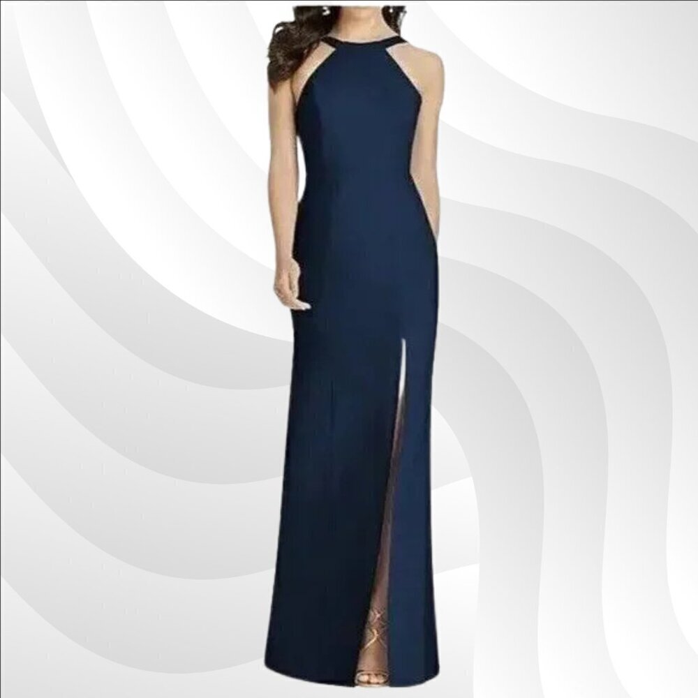 Dessy Collection Navy Halter Maxi Dress with Thigh Slit